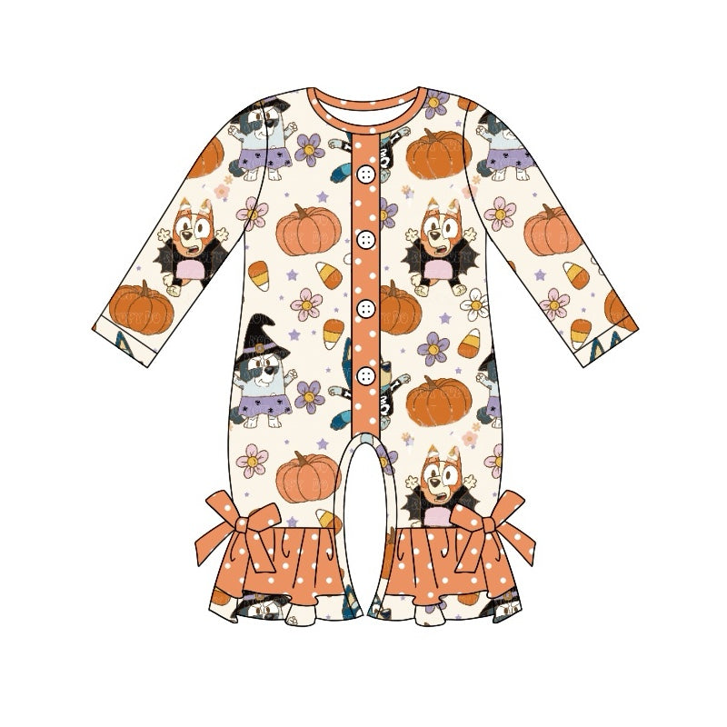 preorder LR1541 Halloween pumpkin blue dog orange long sleeve girls romper