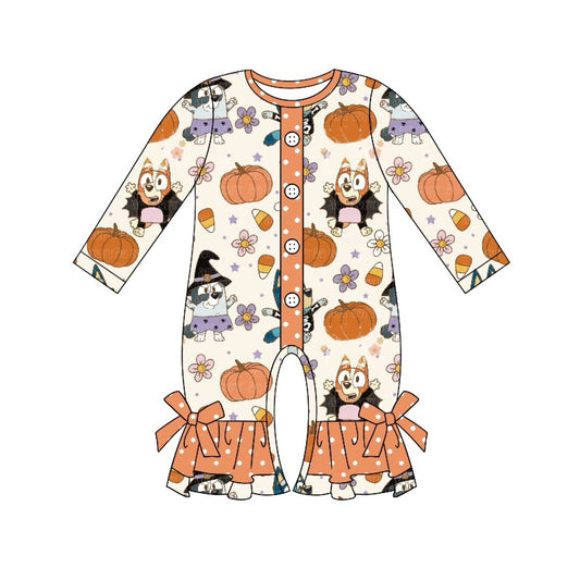 preorder LR1541 Halloween pumpkin blue dog orange long sleeve girls romper