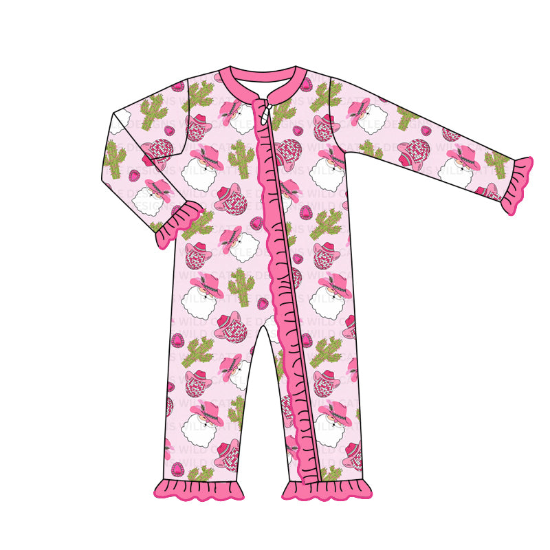preorder LR1543 Christmas Western Santa cactus hot pink long sleeve zipepr girls romper