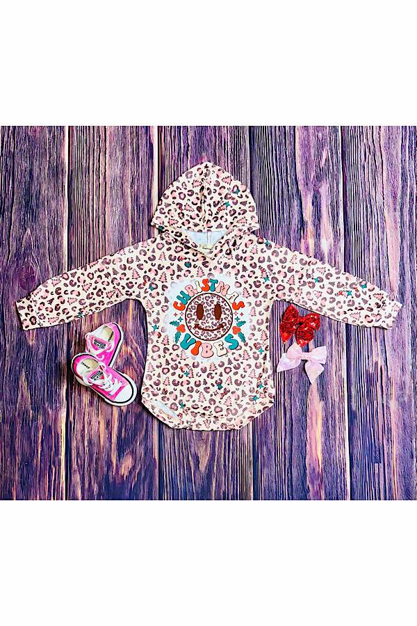 preorder LR1546 Christmas smile vibes leopard long sleeve hoodie girls romper