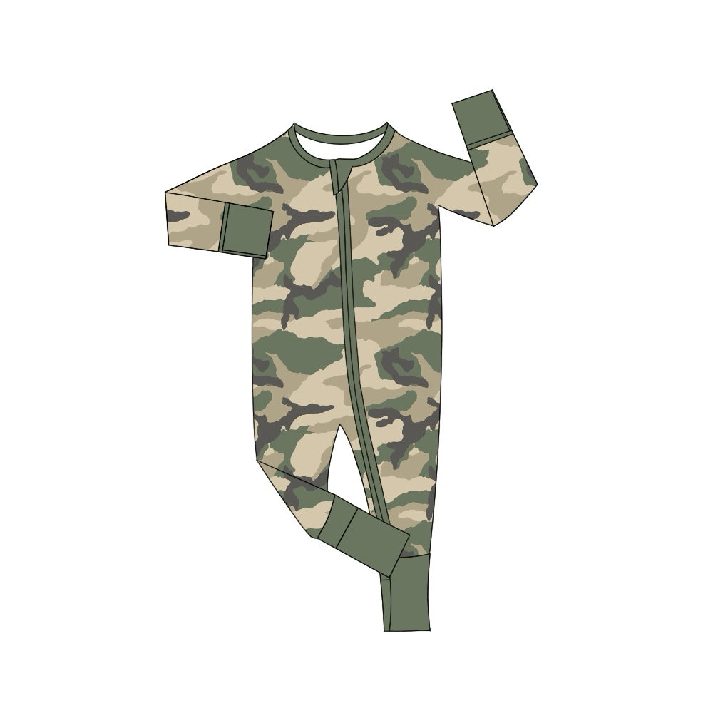 preorder LR1547 green camo long sleeve zipper boys romper