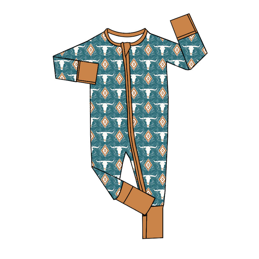 preorder LR1549 Western Aztec cow green long sleeve zipper boys romper