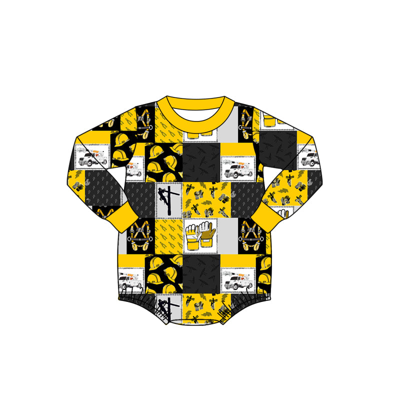 preorder LR1551 lineman yellow black checkered long sleeve boys romper