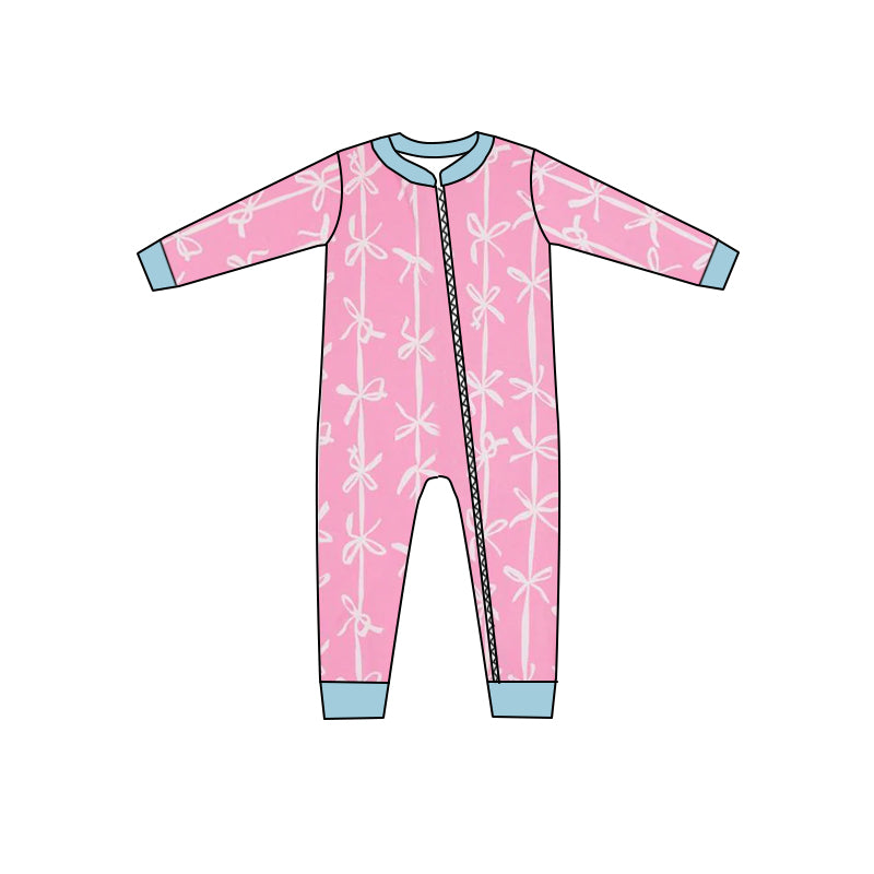 preorder LR1552 pink bows long sleeve zipper girls romper