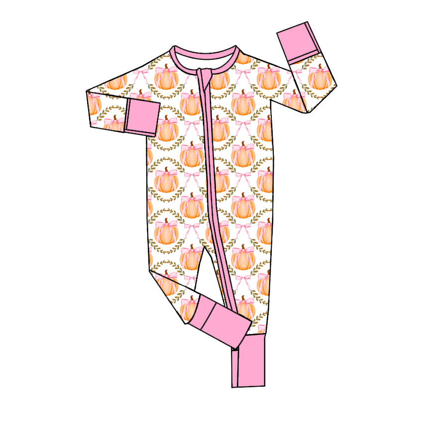 preorder LR1553 on October we wear pink pumpkin long sleeve zipper girls romper