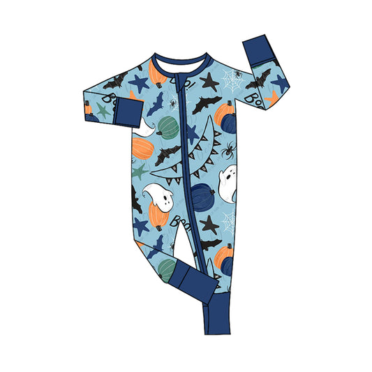 preorder LR1568 Halloween pumpkin spooky bat blue long sleeve zipper boys romper