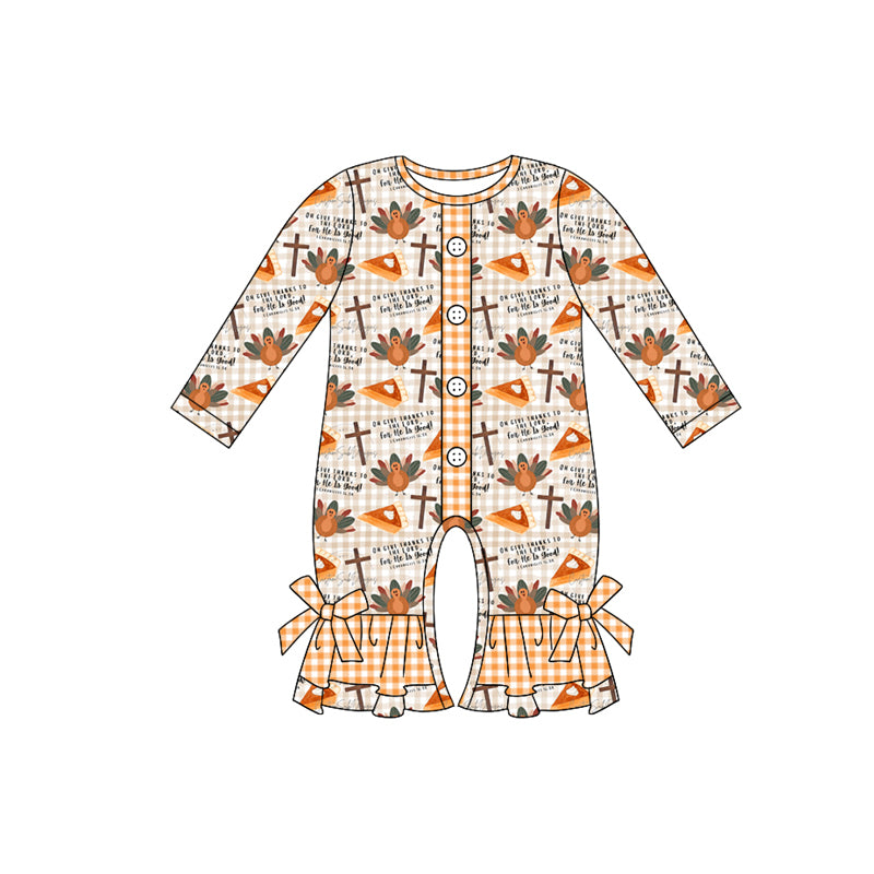 preorder LR1570 Thanksgiving turkey pie long sleeve zipper girls romper