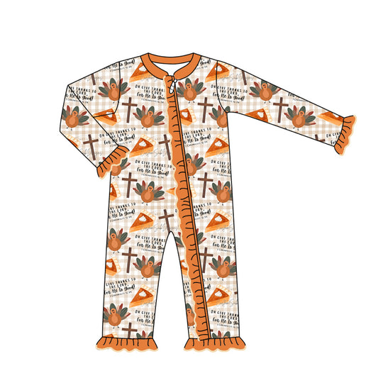 preorder LR1571 Thanksgiving turkey pie long sleeve zipper girls romper