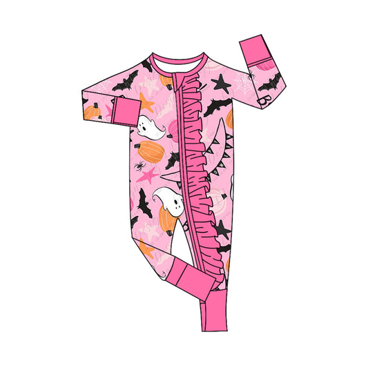 preorder LR1572 Halloween spooky pumpkin hot pink long sleeve zipper girls romper