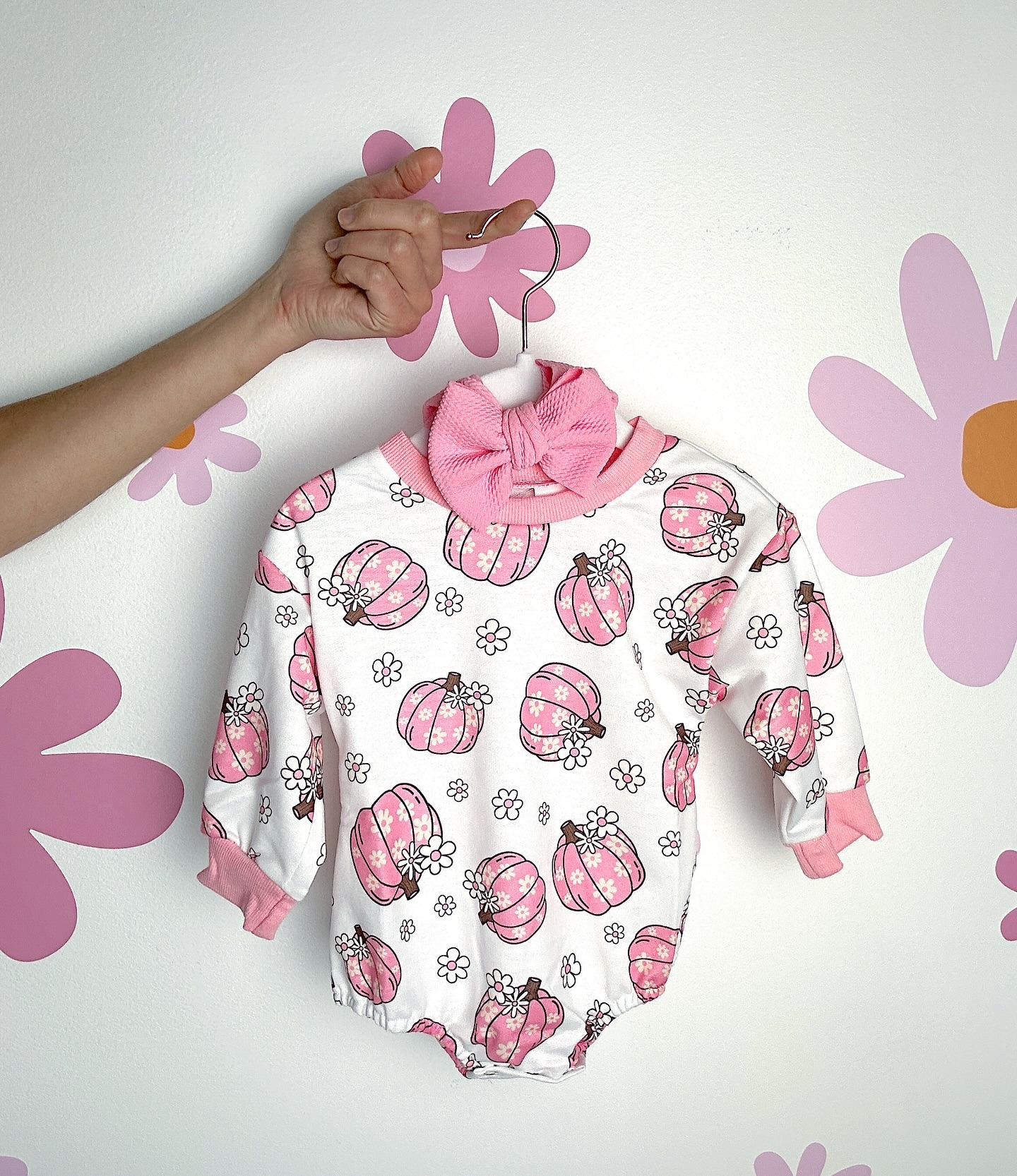 preorder LR1577 on October we wear pink pumpkin long sleeve girls romper