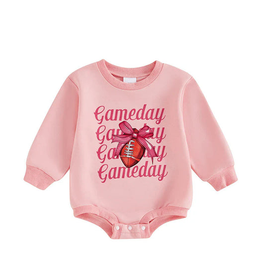 preorder LR1589 football pink bows gameday long sleeve girls romper