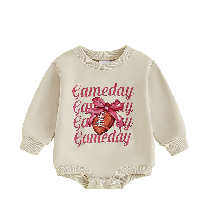 preorder LR1590 football pink bows gameday long sleeve girls white romper