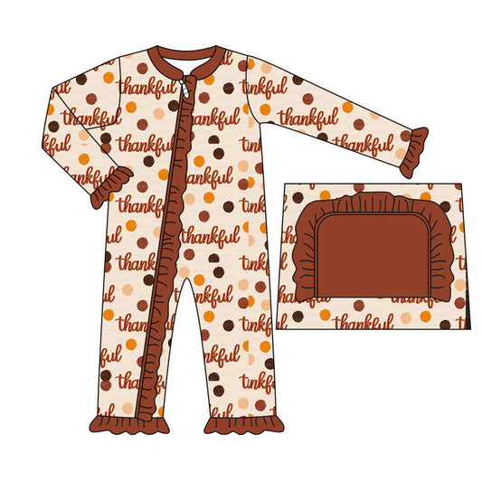 preorder LR1591 Thankful Thanksgiving dot long sleeve zipper girls romper