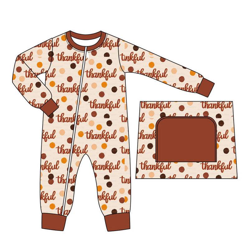 preorder LR1596 Thankful Thanksgiving dot long sleeve zipper boys romper