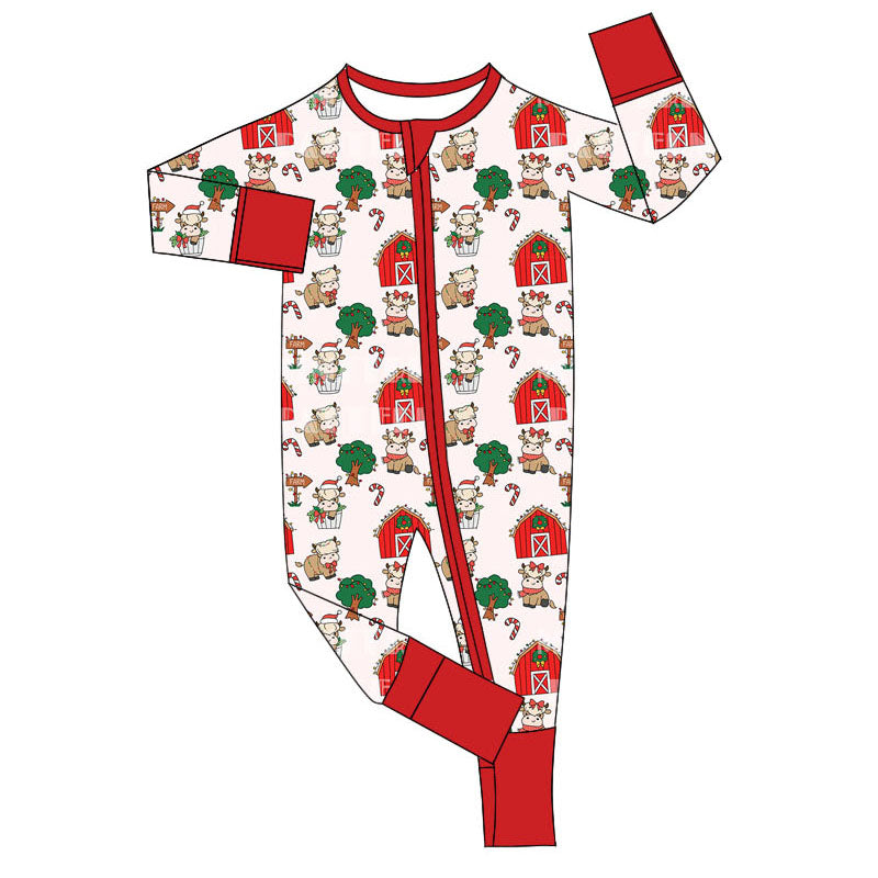 preorder LR1598 Christmas farm house cow cane candy red long sleeve zipper boys romper