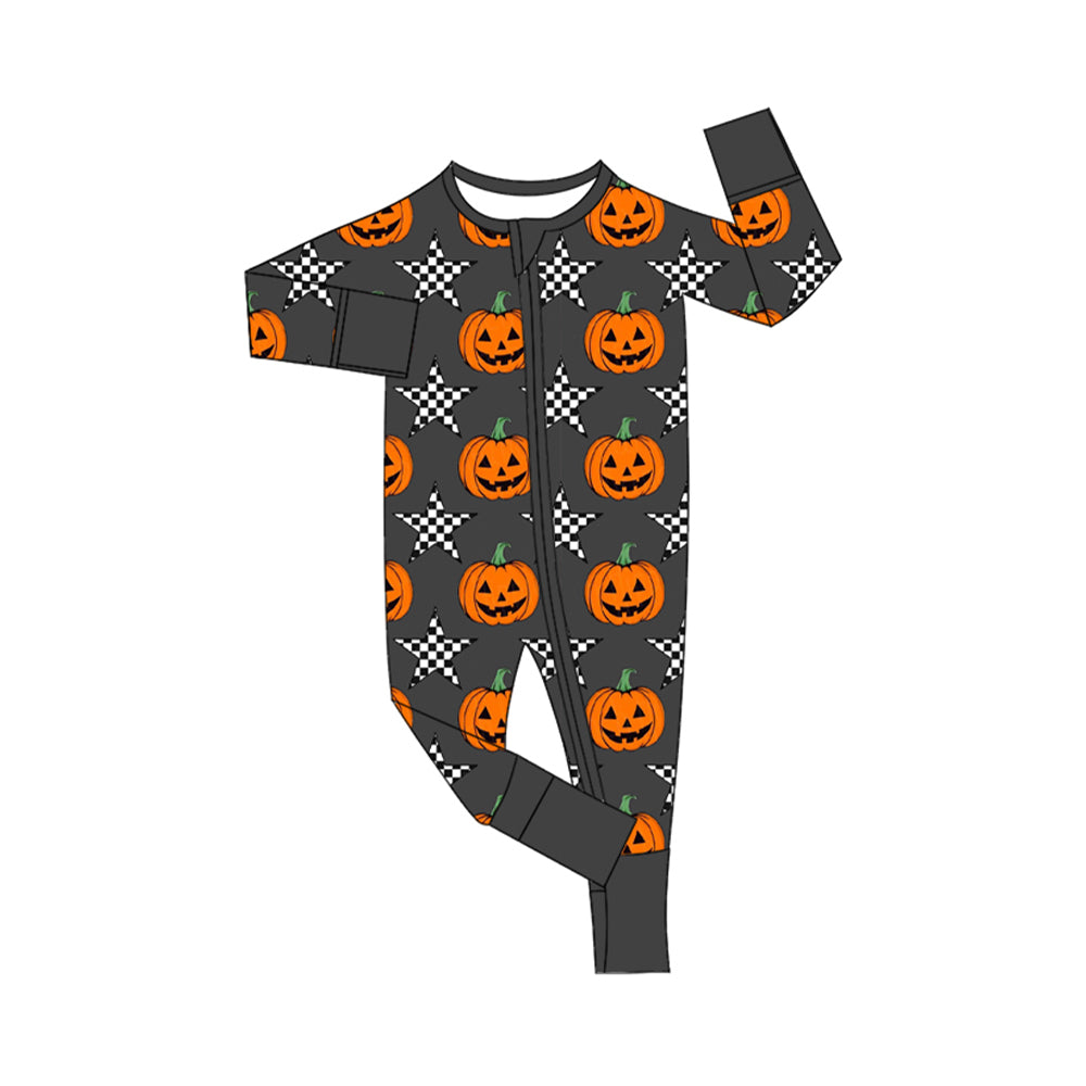 preorder LR1599 Halloween pumpkin star grey long sleeve zipper boys romper