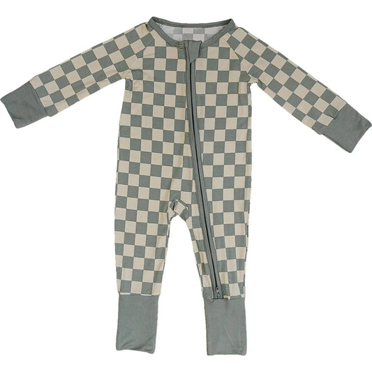 preorder LR1602 green checkered long sleeve zipper boys romper