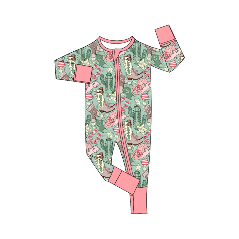 preorder LR1609 Western cactus boots hat green long sleeve zipper girls romper