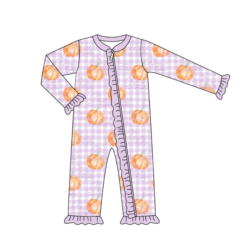 preorder LR1610 Autumn pumpkin purple checkered long sleeve zipper girls romper