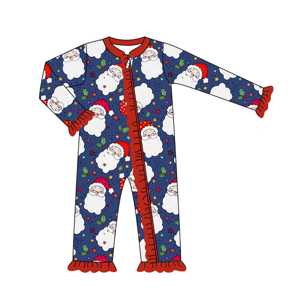 preorder LR1611 Christmas Santa holly berry navy blue long sleeve zipper girls romper