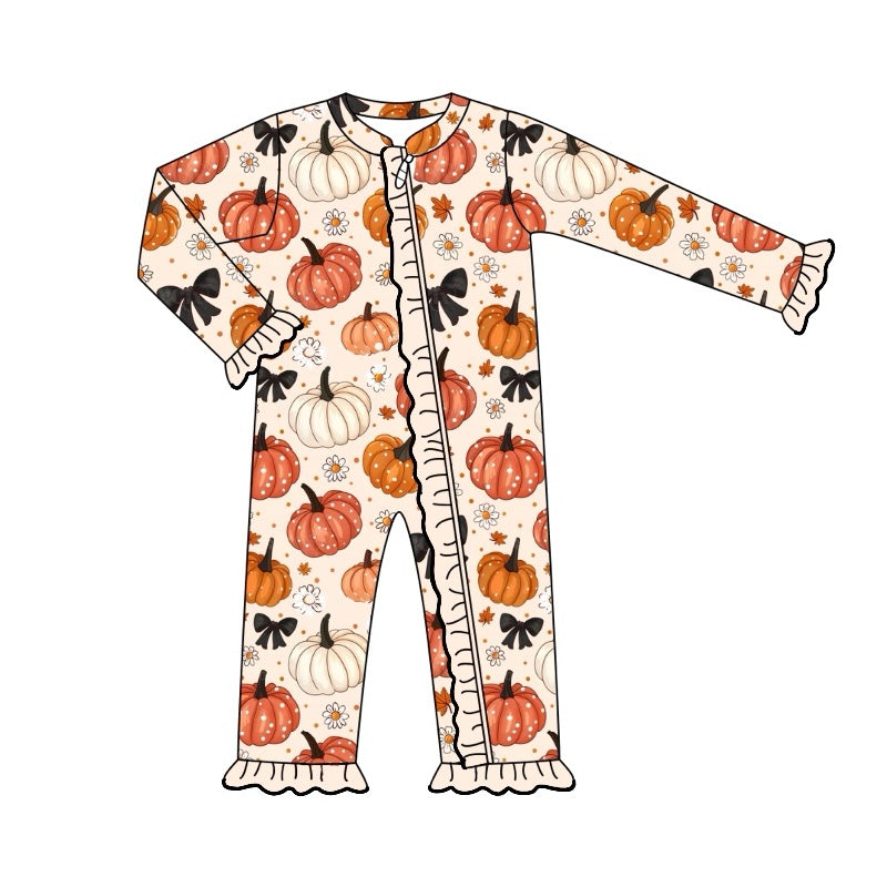 preorder LR1612 Autumn pumpkin bows flowers long sleeve zipper girls romper