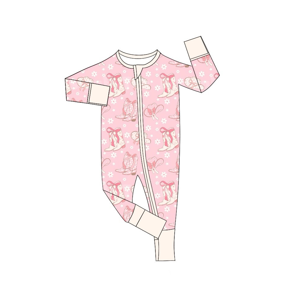 preorder LR1625 Western boots pink bows long sleeve zipper girls romper