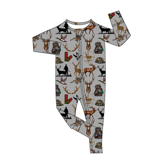 preorder LR1627 Hunting mallard duck deer grey long sleeve zipper boys romper