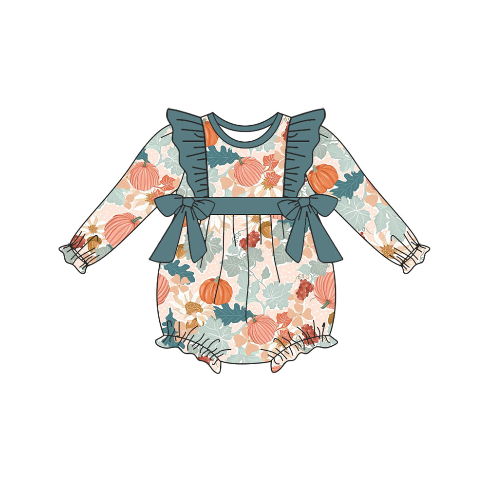 preorder LR1628 colorful flowers bows blue long sleeve girls romper
