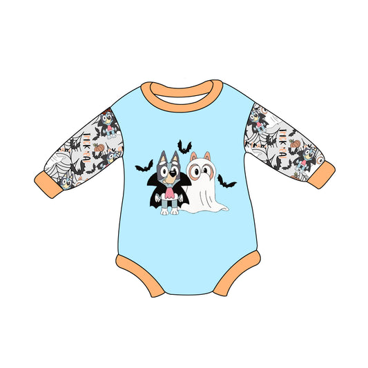 preorder LR1631 Halloween blue dog bat blue long sleeve girls romper