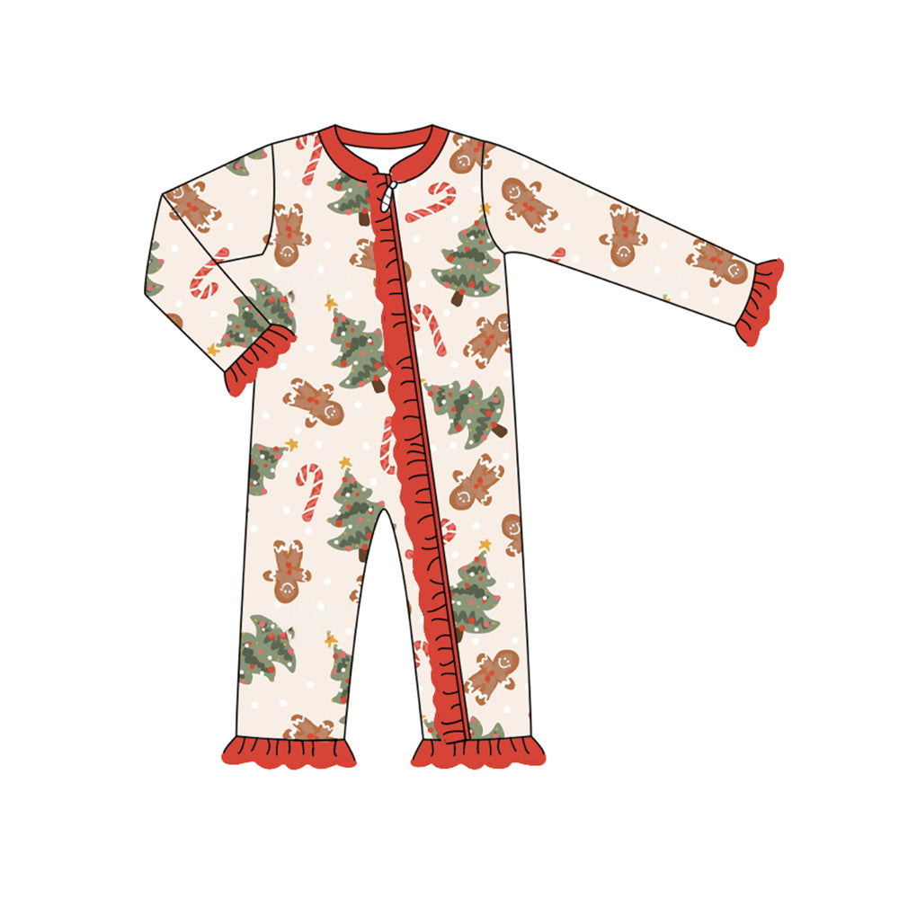 preorder LR1637 Christmas gingerbread man cane candy long sleeve zipepr girls romper