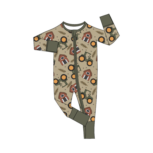 preorder LR1640 farm house tractor long sleeve zipper boys romper