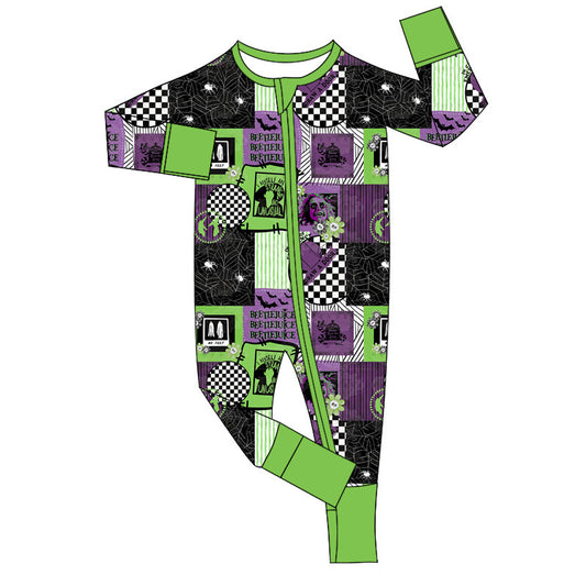 preorder LR1649 Halloween spooky green purple spider web long sleeve zipper boys romper