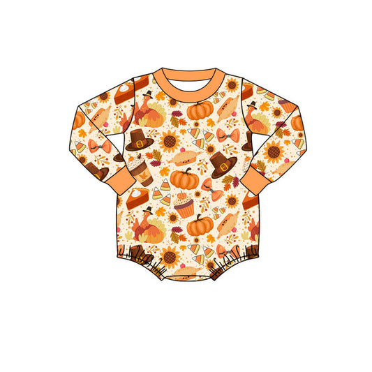 preorder LR1652 Thanksgiving turkey pie orange long sleeve boys romper