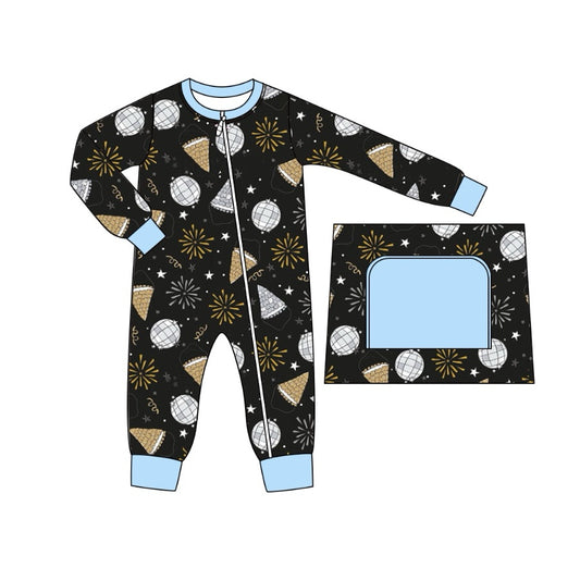 preorder LR1667 happy new year firework black long sleeve zipper boys romper