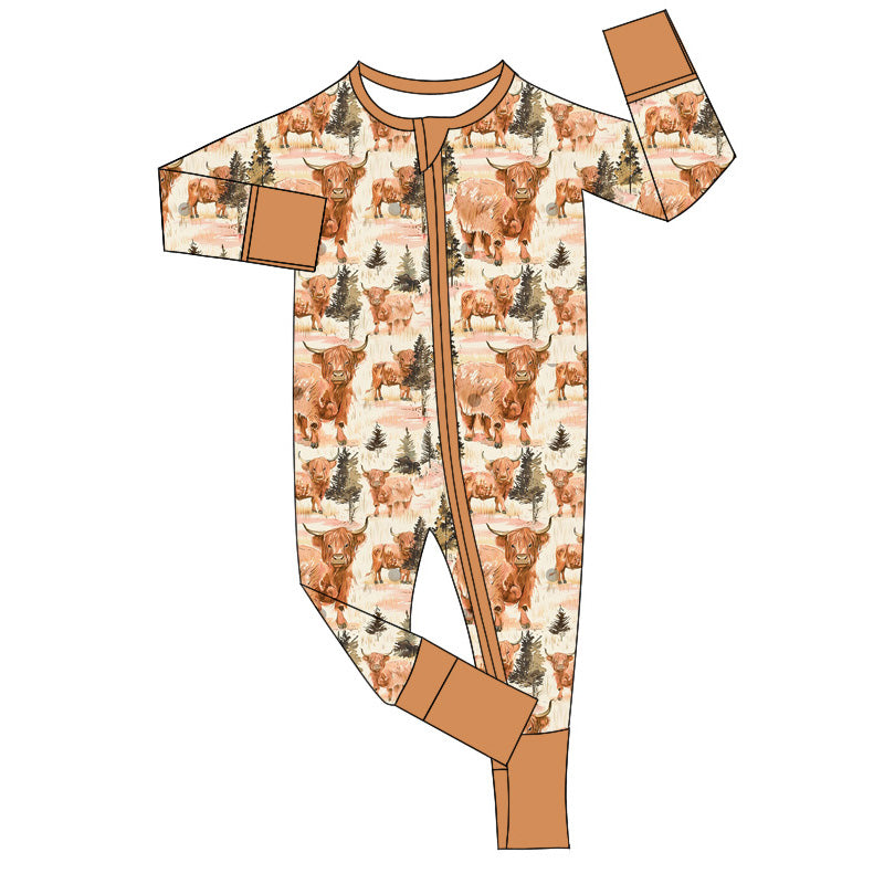 preorder LR1670 Western highland cow brown long sleeve zipper boys romper