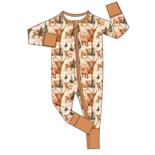 preorder LR1670 Western highland cow brown long sleeve zipper boys romper