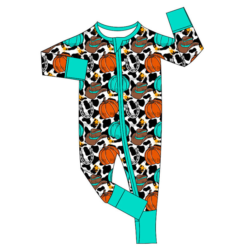 preorder LR1671 Western pumpkin hat cow print long sleeve zipper boys romper