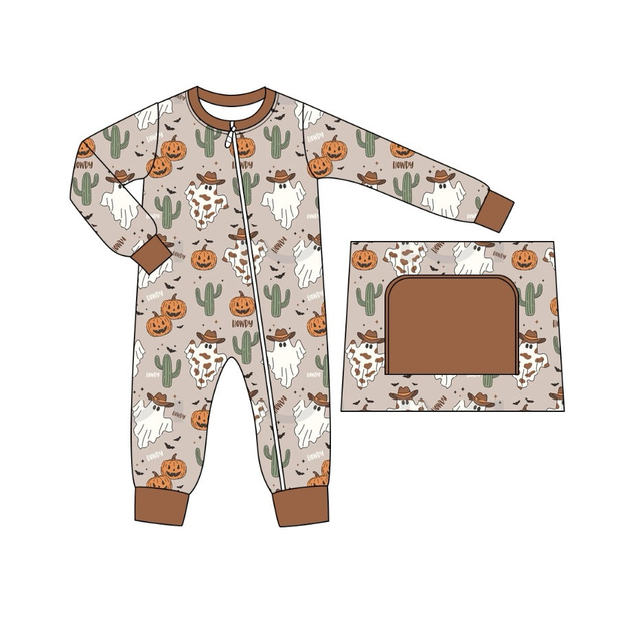 preorder LR1672 Western Halloween spooky cactus pumpkin zipper long sleeve boys romper