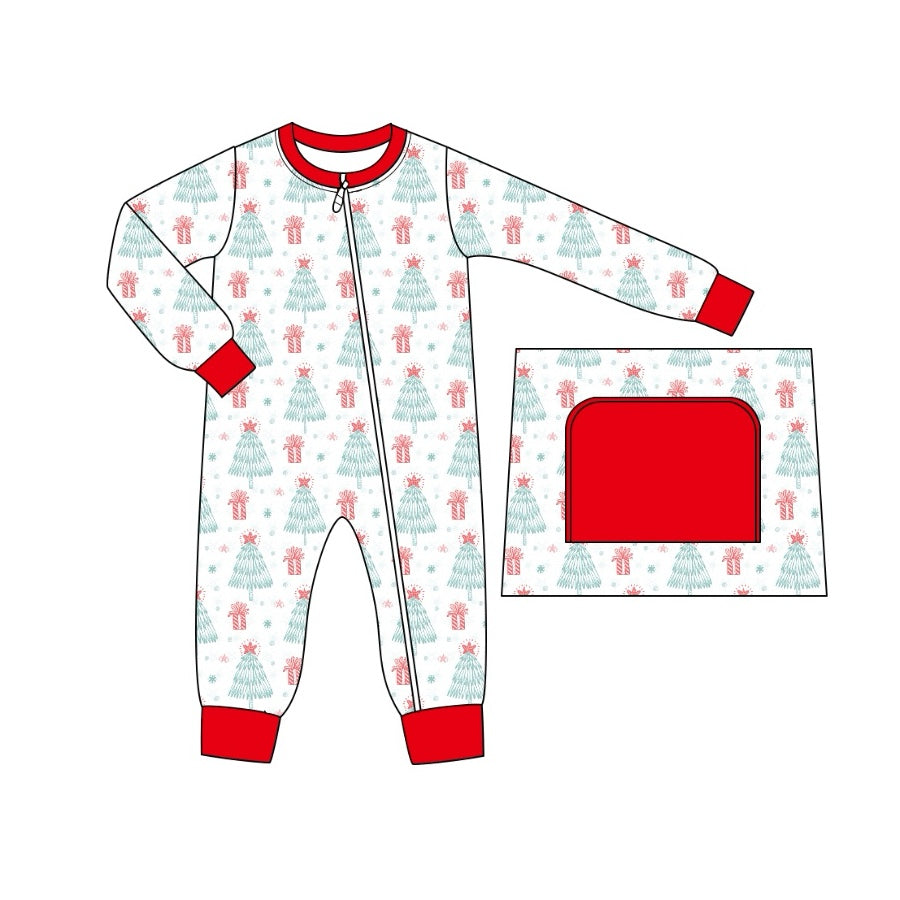 preorder LR1676 Christmas tree gift long sleeve zipper boys romper