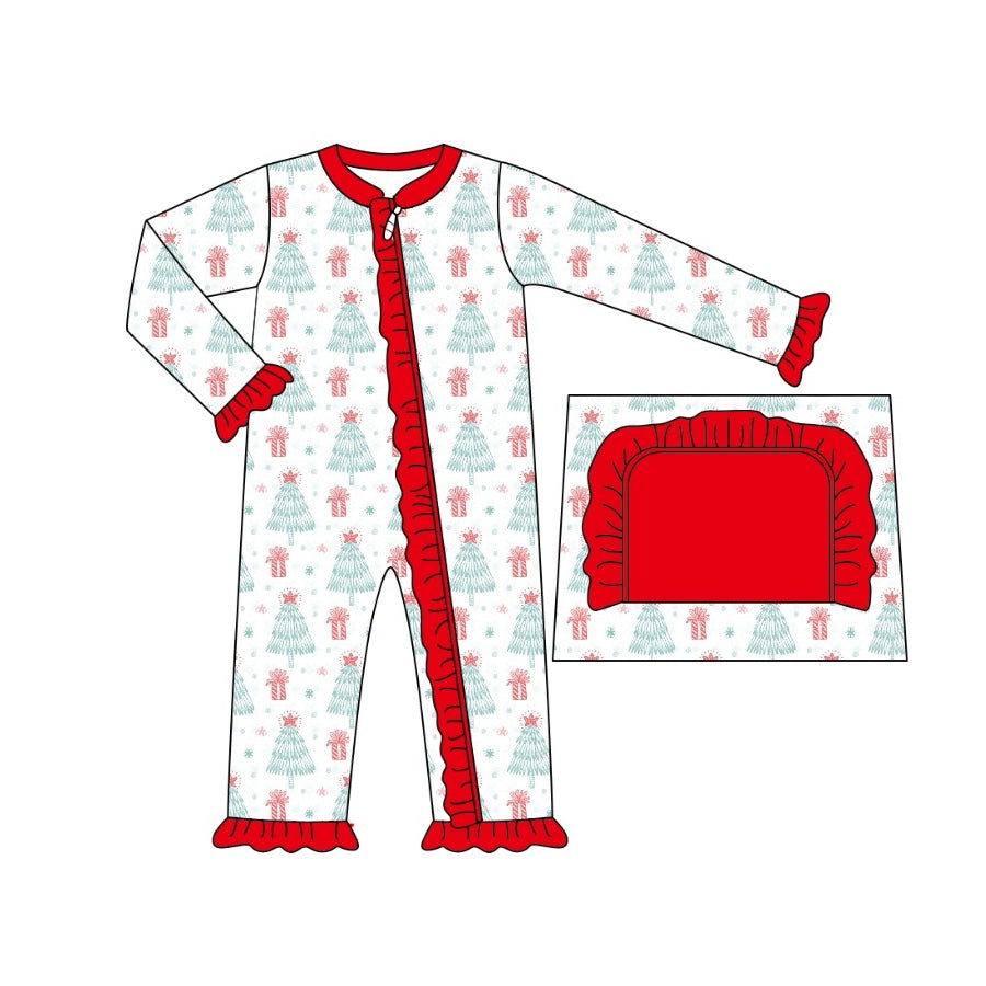 preorder LR1677 Christmas tree gift long sleeve zipper girls romper
