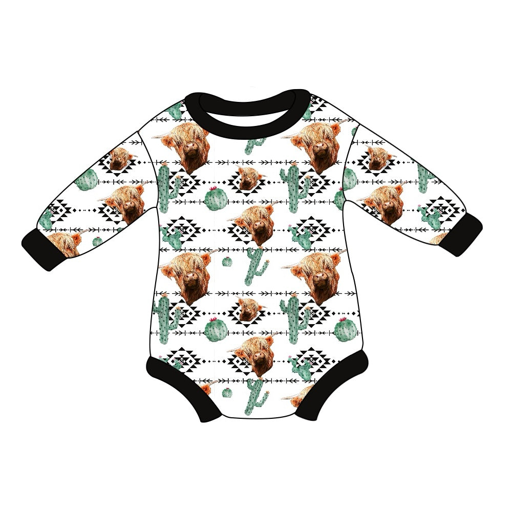 preorder LR1679 western highland cow Aztec cactus long sleeve boys romper