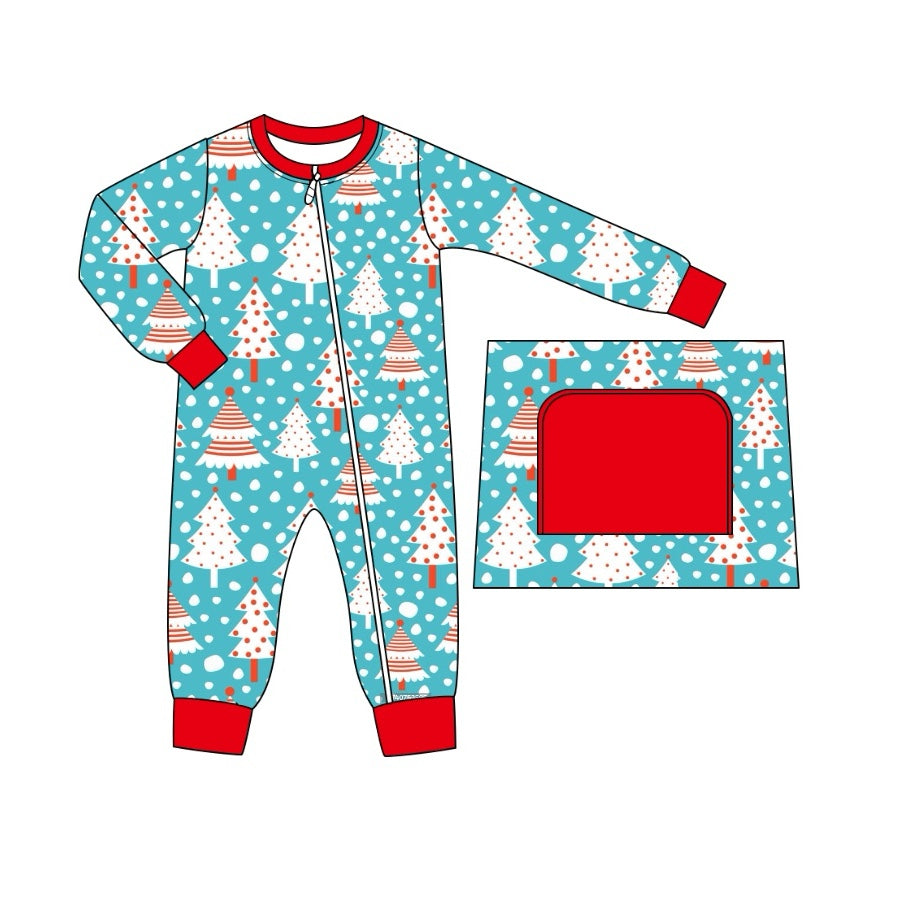 preorder LR1681 Christmas snow tree blue long sleeve zipper boys romper