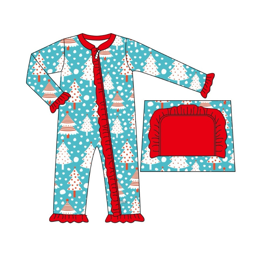 preorder LR1682 Christmas snow tree blue long sleeve zipper girls romper