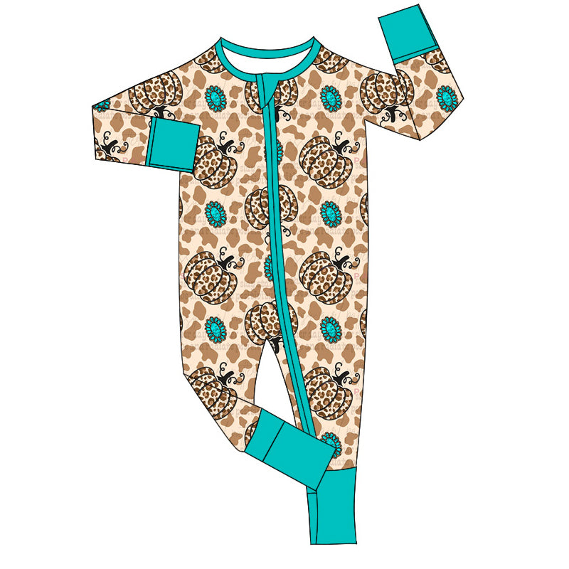 preorder LR1688 Western leopard pumpkin turquoise long sleeve zipper boys romper