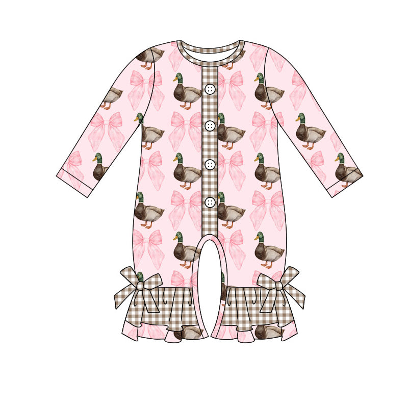 preorder LR1690 hunting mallard pink bow long sleeve girls romper