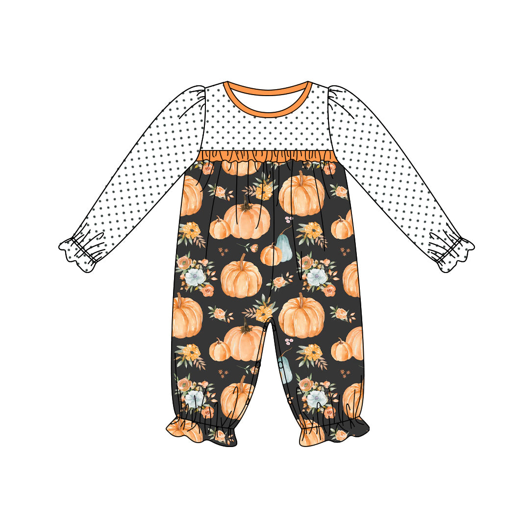 preorder LR1691 pumpkin flowers orange long sleeve girls romper
