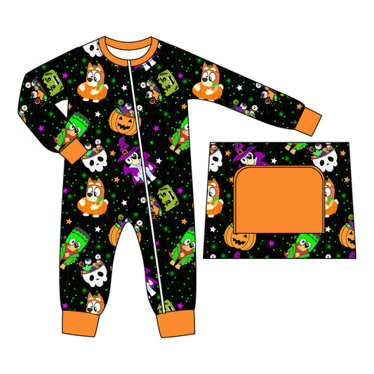 preorder LR1695 Halloween pumpkin blue dog black orange long sleeve zipper girls romper