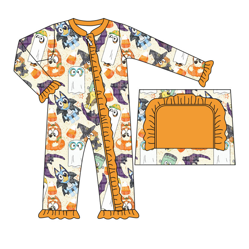 preorder LR1696 Halloween bat blue dog pumpkin orange long sleeve zipper girls romper