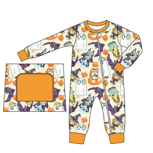 preorder LR1697 Halloween bat blue dog pumpkin orange long sleeve zipper boys romper