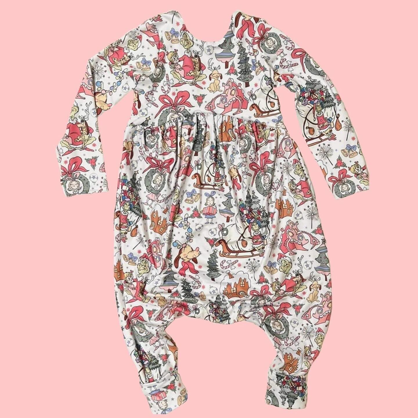 preorder LR1700 Christmas cartoon girl tree green face long sleeve girls romper